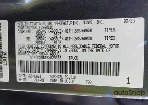 2023 Toyota Tundra Hybrid Platinum from USA, damaged, VIN 5TFNC5DB1PX025593